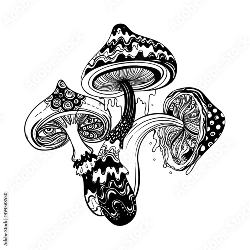 Magic mushrooms. Psychedelic hallucination. Outline vector illustration isolated on white. 60s hippie art. Coloring book for kids and adults.