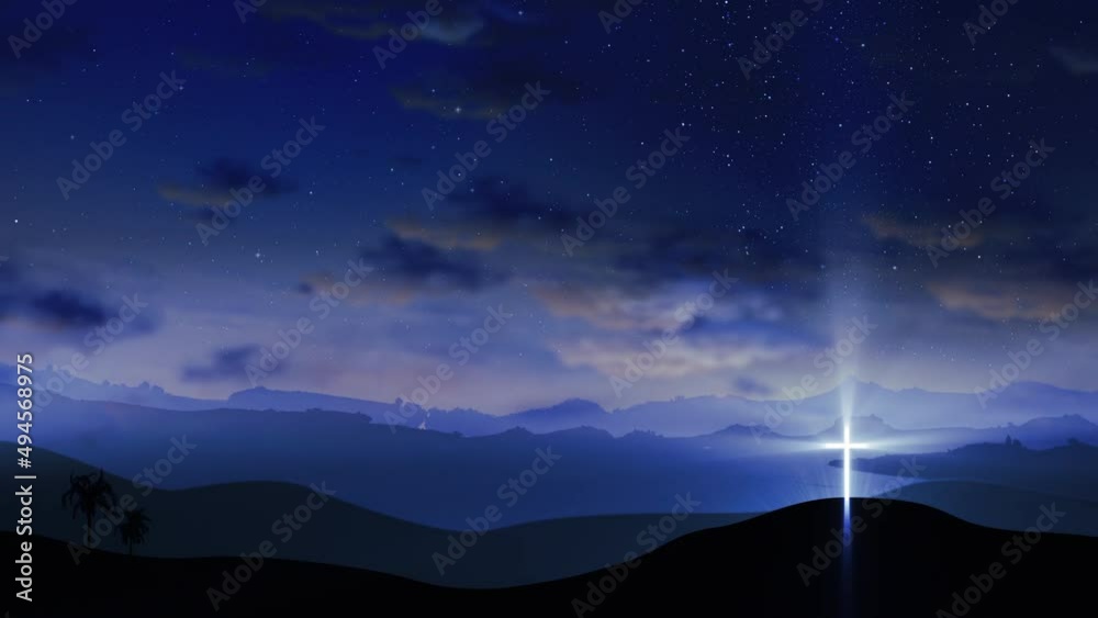 Bright cross on the hill with clouds moving on blue starry sky. Easter, resurrection, new life, redemption concept. Seamless looping background 4k