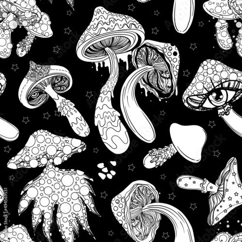 Magic mushrooms seamless pattern. Psychedelic hallucination. 60s hippie colorful art. Vintage psychedelic textile, fabric, wrapping, wallpaper. Vector repeating illustration.