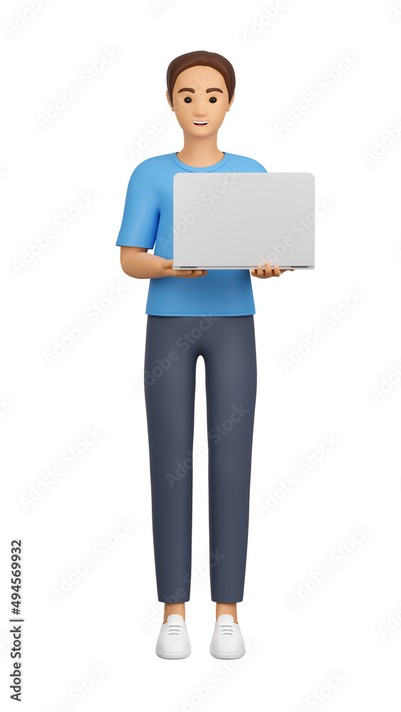 A man with a laptop. 3d illustration of a smiling young adult, character. A man with a laptop. 3d illustration of a smiling young adult, character.