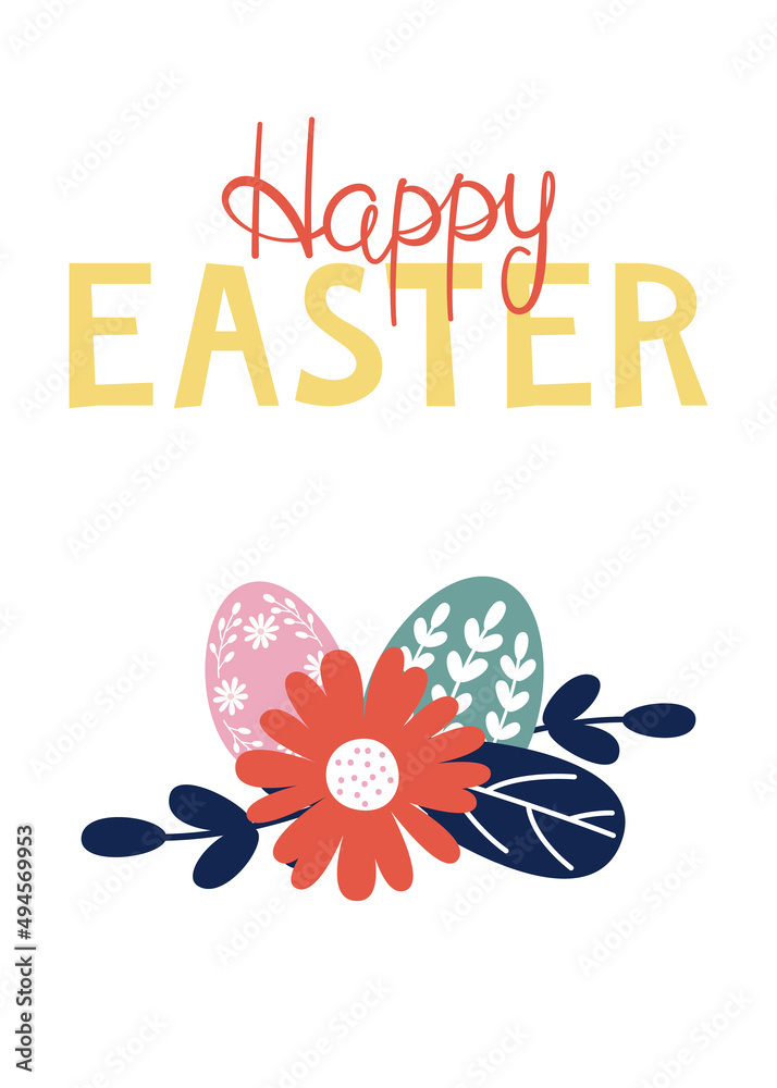 Greeting card with Easter eggs and flower bouquet. Vector illustration for poster or print
