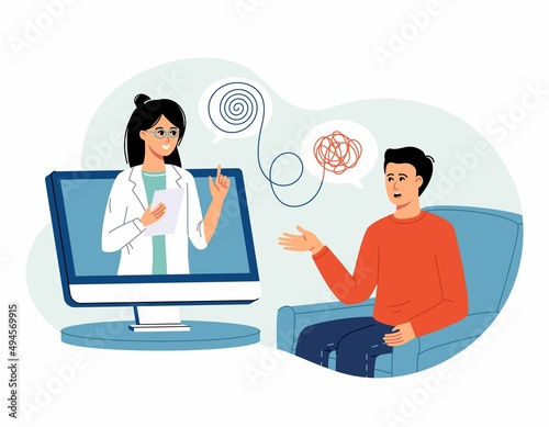 Man with Psychologist doctor online consultation. Psychotherapy practice, psychological help, psychiatrist consulting patient. Psychology. Trendy flat cartoon style. Vector illustration on white