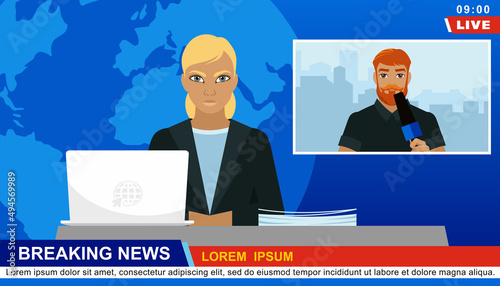 Flat lay composition of television news studio. TV news in studio vector illustration. Cartoon scene of a journalist live, holding a microphone.