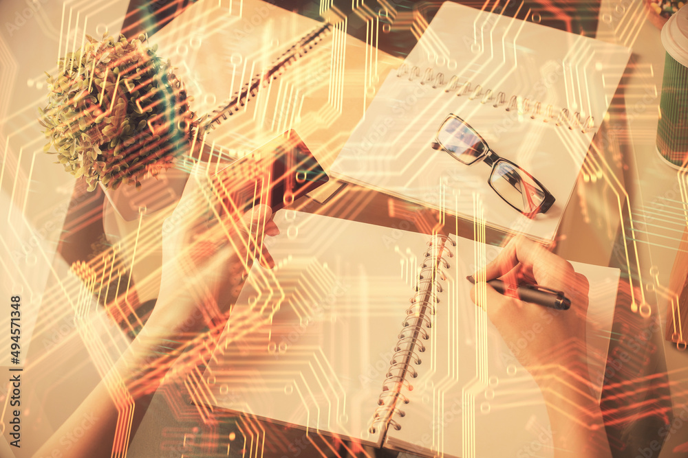 Multi exposure of woman on-line shopping holding a credit card and tech theme drawing. Technology concept. Multi exposure of woman on-line shopping holding a credit card and tech theme drawing. Technology concept.