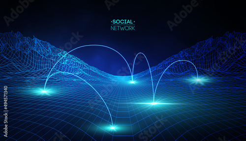 Social media blue abstract technology background. Global social network vector abstract. Network cyber technology concept.