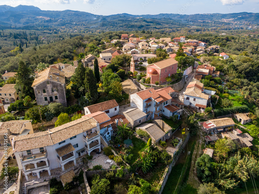 Aerial  view of Greek traditional  small village in Corfu, Greece