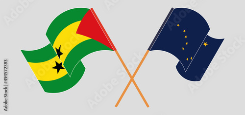 Crossed flags of Sao Tome and Principe and the State of Alaska. Official colors. Correct proportion