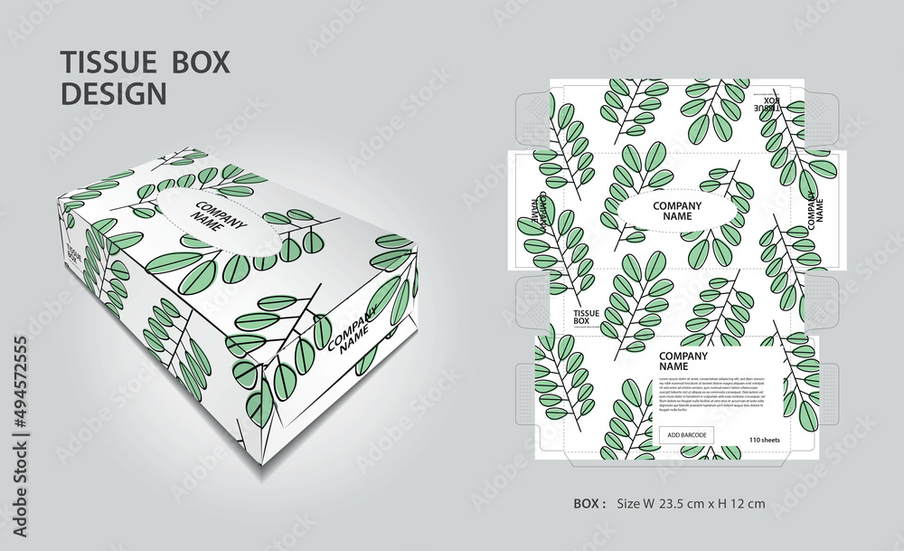 Tissue box Design green leaves background, Box Mock up, 3d box, Can be