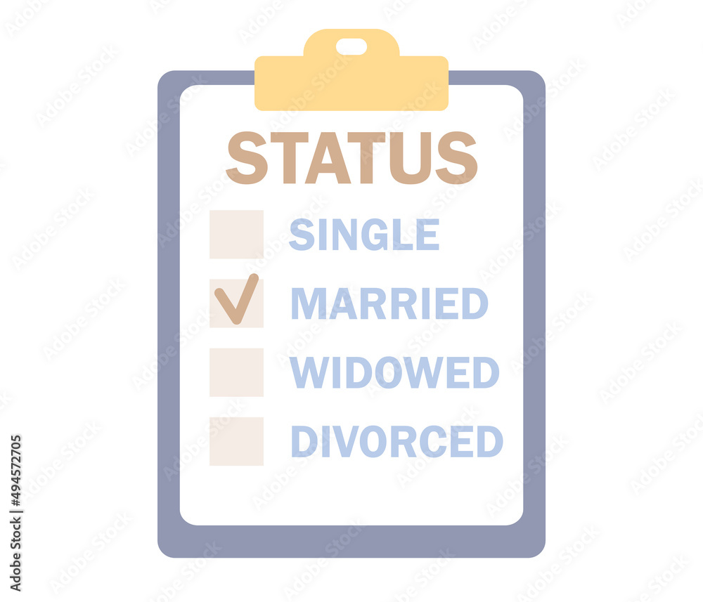 Marital status of people. Checkbox list with single, married, widowed and divorced options. Wedding and relationship concept. Vector flat illustration