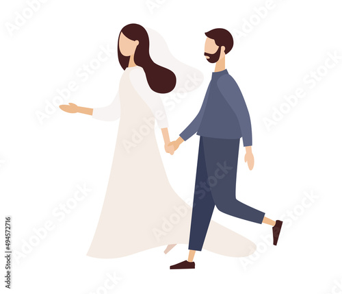 Wedding couple holding hands and walking. Man and woman relationship. Wedding, love and relationship concept. Vector flat illustration