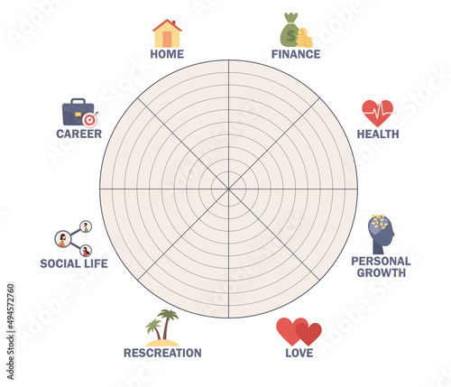 Wheel of life template diagram. Life balance concept. Coaching tool. Human needs icons. Vector flat illustration