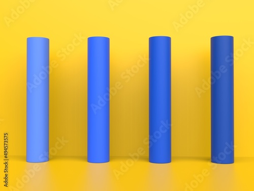Blue cylinder pillars in bright yellow room - abstract background image