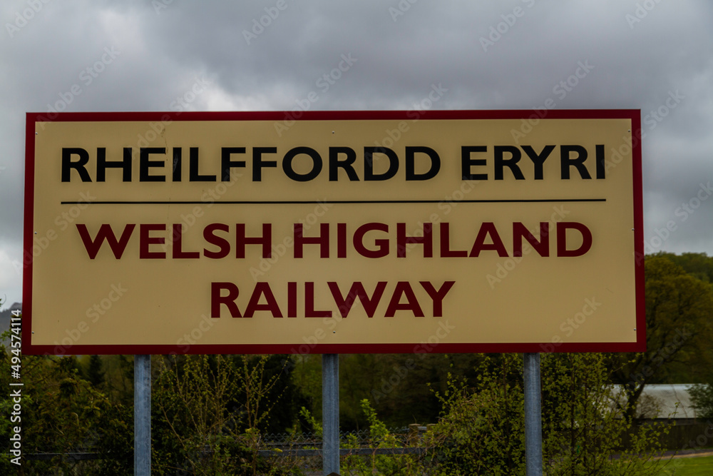 Sign for the Welsh Highland Railway in North Wales, landscape.