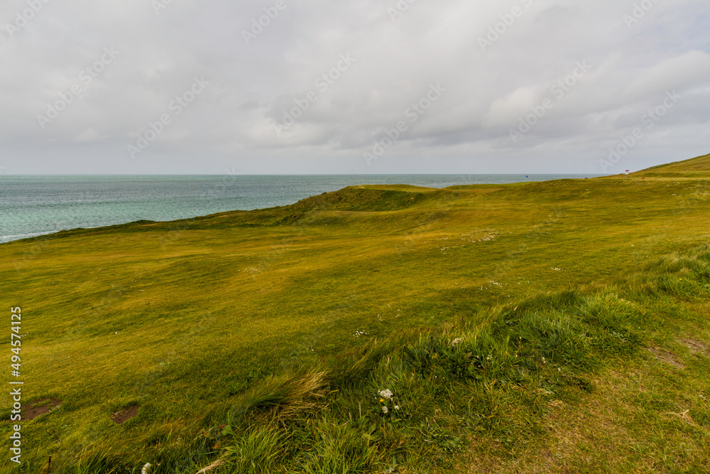 Grassy golf course by the sea, landscape.