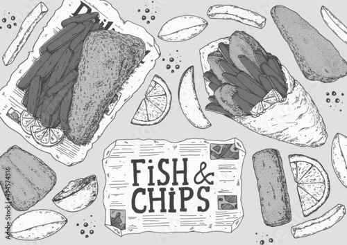 Fish and chips sketch vector illustration. British pub food. Hand drawn sketch. Cooking fish and chips. Engraved hand drawn vintage image. Menu design template.