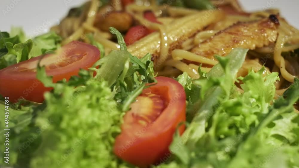 Warm Salad With Broccoli Corn Lettuce Arugula And Asparagus. Spaghetti And Tomatoes Are Great Addition To Salad. Warm Salad With Broccoli Corn Lettuce Arugula And Asparagus. Spaghetti And Tomatoes Are Great Addition To Salad.