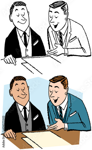 A vintage retro cartoon of two businessmen discussing a report at work. 