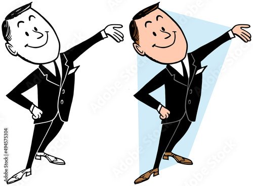 A vintage retro cartoon of a businessman gesturing towards something interesting to the right. 