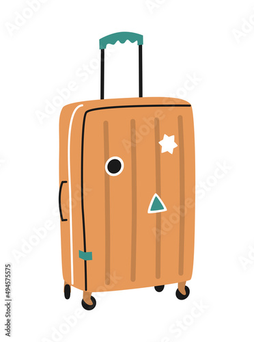 Hand drawn cute cartoon illustration of suitcase. Flat vector luggage sticker in simple colored doodle style. Migration, tourism, traveling baggage icon or print. Isolated on white background.