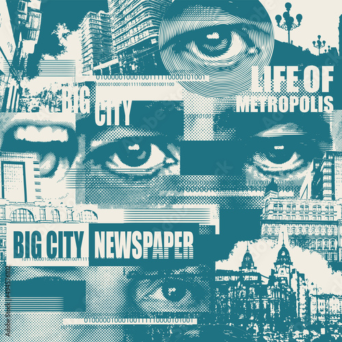Abstract seamless pattern with fragments of urban landscapes, human eyes, headlines. Monochrome wallpaper, wrapping paper, fabric. Chaotic vector background on the theme of city life in modern style