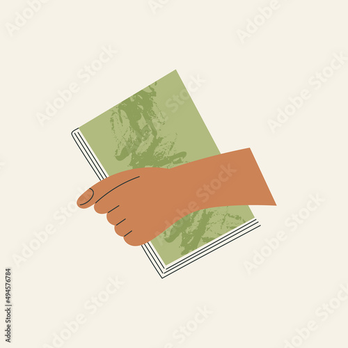 Woman's hand holding closed book flat cartoon vector illustration isolated on white background. Student arm. Education and knowledge concept. Swap literature event, library day, culture festival