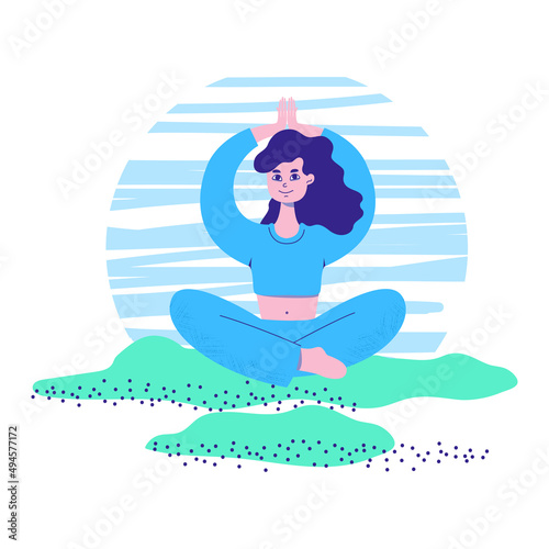 Young Woman Practices Yoga in nature. A girl in a lotus position does an asana the sun salutation in a park surrounded by bushes and grass. Person hand drawn vector Flat cartoon illustration.