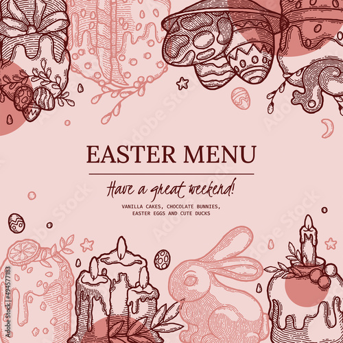 Rustic Menu Book Template, vector image for Recipe Book, Delivery. Ready to Use Illustration with Design Elements. Easter Cake Kulich with Orange, Seed, Candle, Duck, Colored Egg on Plate and Candy