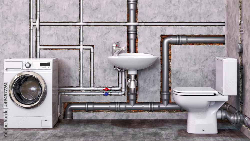 Pvc pipes inside the walls in bathroom with toilet bowl, wash basin and a  washing machine, that are connected to pipes, sanitary engineering  installing concept, 3d illustration Illustration Stock | Adobe Stock