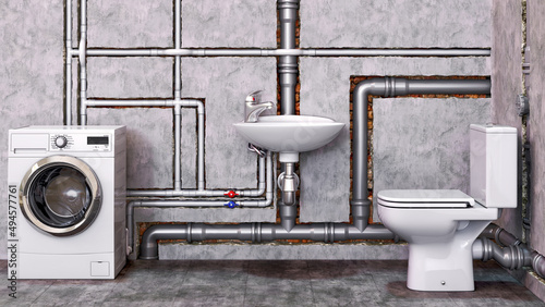 Pvc pipes inside the walls in bathroom with toilet bowl, wash basin and a washing machine, that are connected to pipes, sanitary engineering installing concept, 3d illustration photo