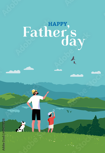 Happy father, son enjoy mountain landscape vector poster. Dad, kid boy family together travel activity on nature outdoors flat color cartoon illustration. Fathers Day Holiday flyer, banner background