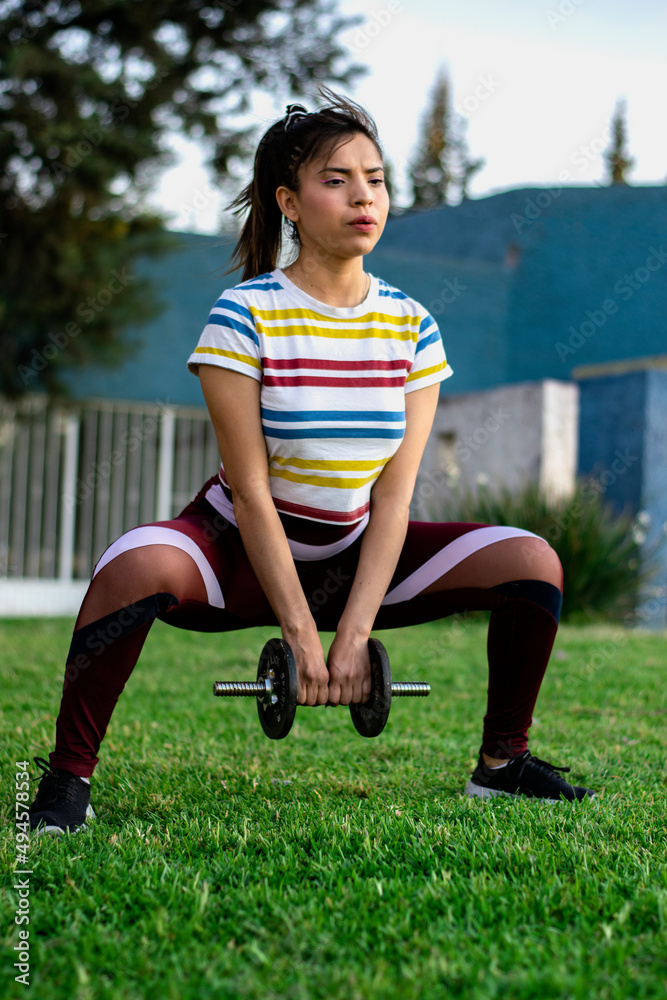 Mujer realizando ejercicio con mancuerna Mujer realizando ejercicio con mancuerna