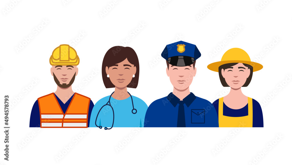 Labor day characters. Portraits of different occupations. Policeman, doctor, nurse, doctor, builder, farmer. Isolated labour day vector illustrations Labor day characters. Portraits of different occupations. Policeman, doctor, nurse, doctor, builder, farmer. Isolated labour day vector illustrations