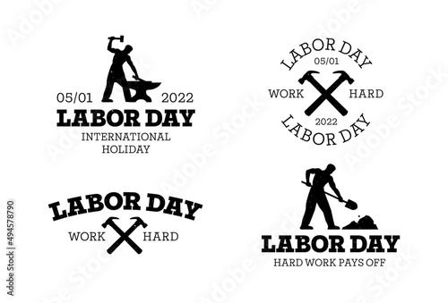 Set of labor day vintage logos. Grunge retro black badges. Vector. Working Man grunge isolated logotypes. Black smith, Hammers and  typography