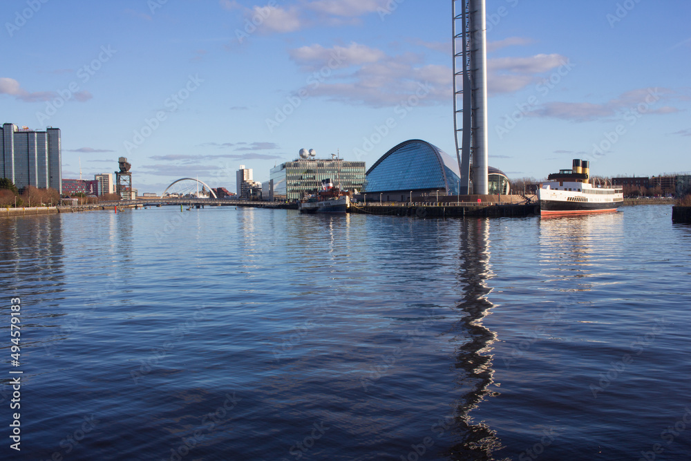 The Science Centre on the river Clyde on a sunny spring morning in Glasgow Scotland.