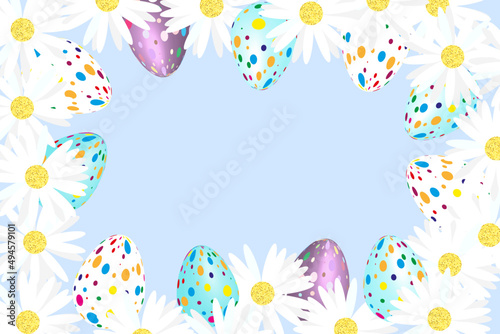 Frame of daisies and easter eggs on blue background with copy space special promotions and sales