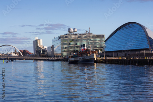 The Science Centre on the river Clyde on a sunny spring morning in Glasgow Scotland.
