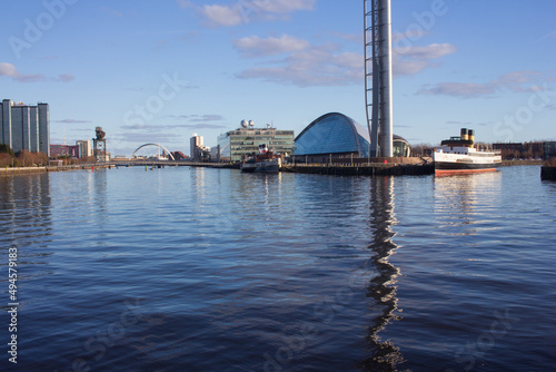 The Science Centre on the river Clyde on a sunny spring morning in Glasgow Scotland. © gavin