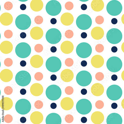 Seamless geometric pattern of circles of different colors on a white background.