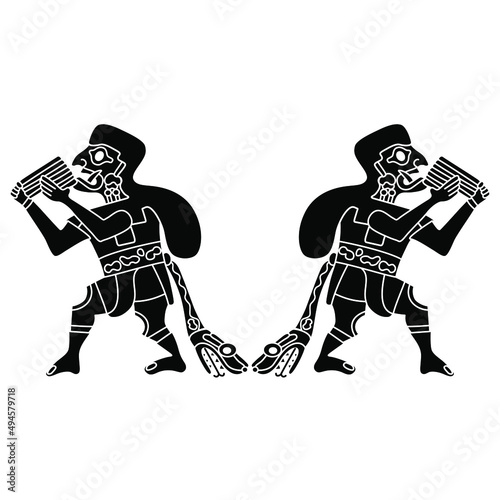 Symmetrical design with two fantastic fanged men with snake girdle playing flute. Native American indigenous pre Columbian art of ancient Peru. Mochica or Moche Indians. Black and white silhouette. photo