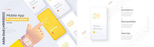 Modern presentation of a mobile application. Mobile phone mockup on a yellow background with a description of the mobile application. Modern illustration 3D style.	