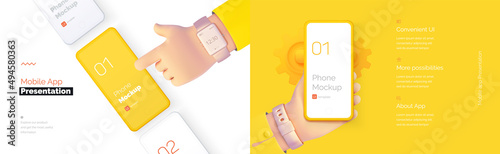 Modern presentation of a mobile application. Mobile phone mockup on a yellow background with a description of the mobile application. Modern illustration 3D style.	