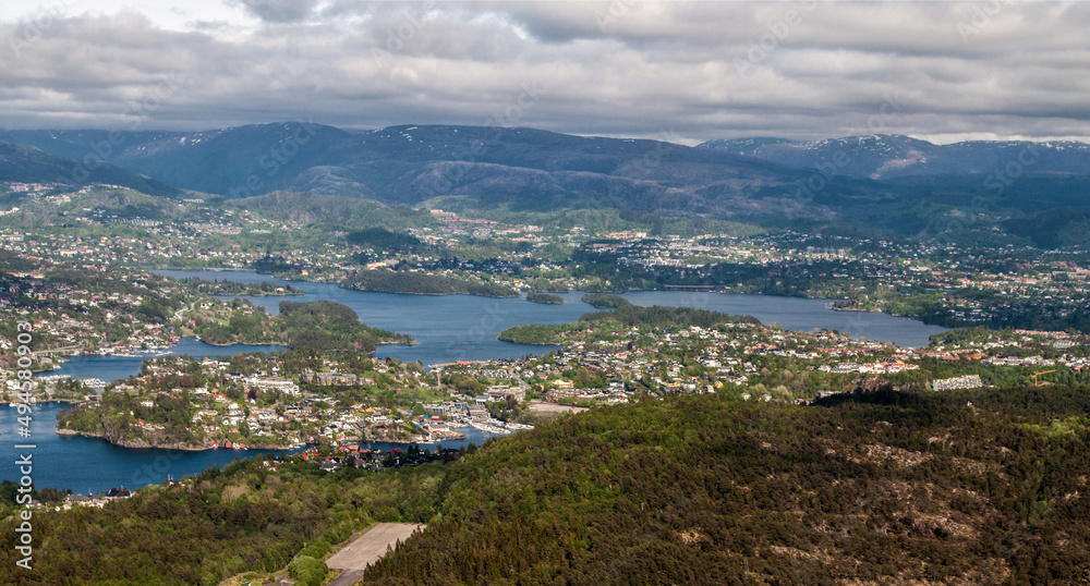 View from the plane on the city of Bergen and its surroundings with mountains and sea
