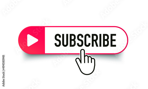 Hand cursor clicking on red subscribe button. Subscribe button. Hand pointer icon. Subscription service. Social media concept. Streaming video. Play button vector icon. Vector graphic. EPS 10
