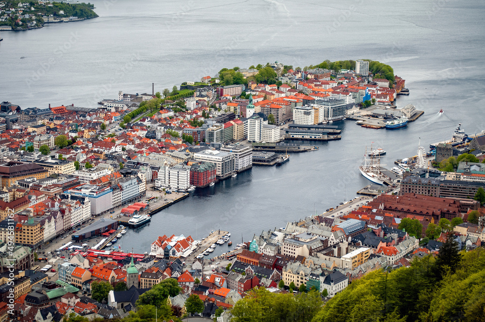 View of the bay and harbor in Bergen from the lookout mountain Floyen