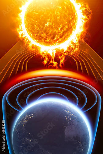 Fototapeta Naklejka Na Ścianę i Meble -  Sun and solar storm, Earth's magnetic field, Earth and solar wind, flow of particles. 3d rendering
