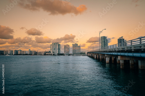 city skyline at sunset miami beach bridge buildings panorama 