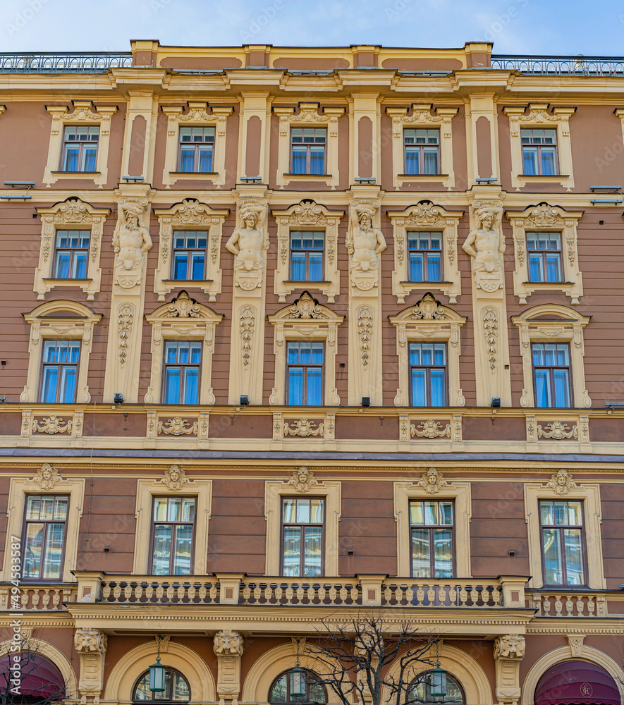 22.03.2022 13:30 pm Russia St. Petersburg Facade of the Grand Hotel Europe 5 stars.