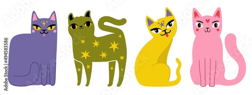 Vector illustration collection with trendy colored cats. Cute print designs, domestic animal set with abstract elements
