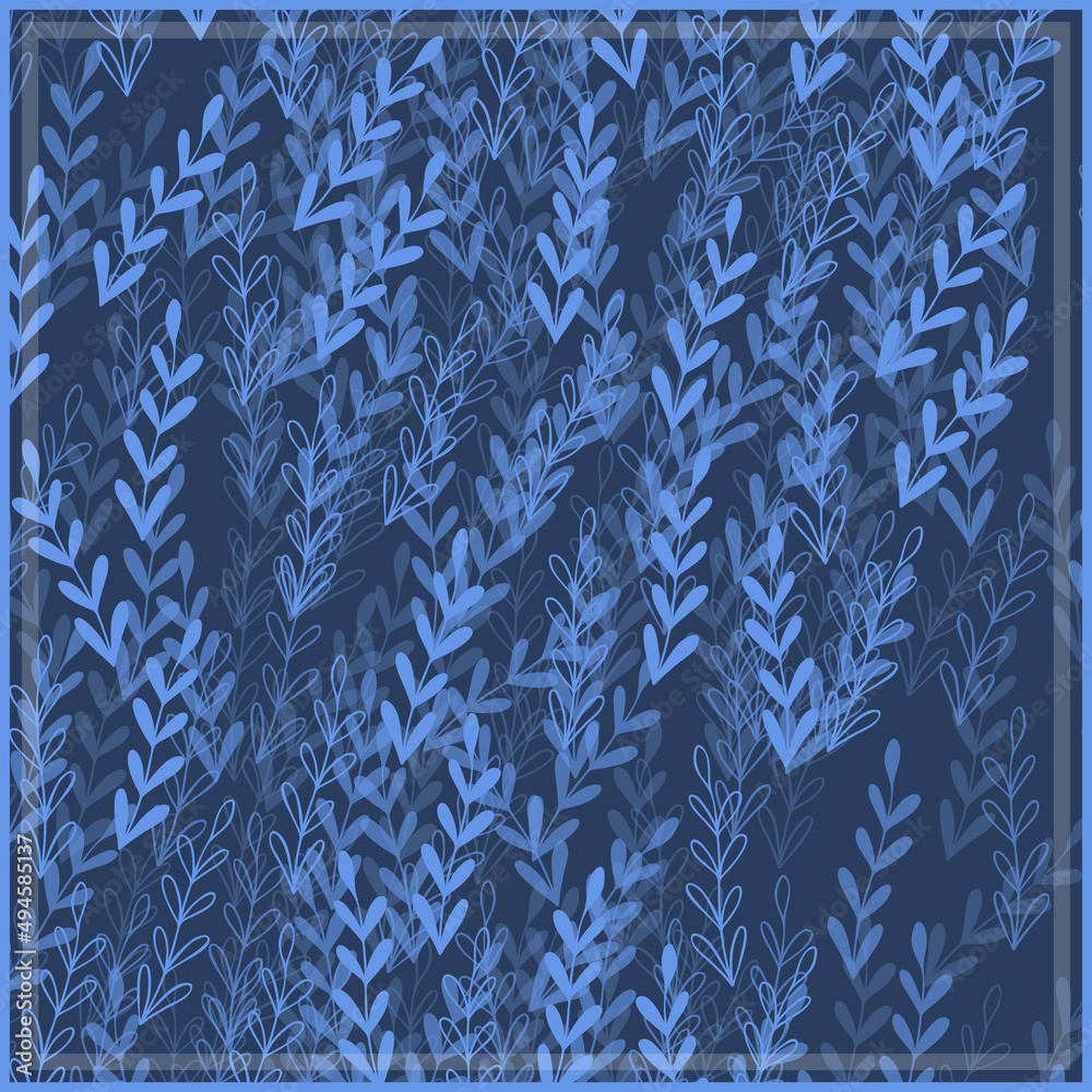 Print for kerchief, bandana, scarf, handkerchief, shawl, neck scarf. Squared pattern with ornament for fabric, textile, silk products. Paisley vector with abstract leaves. Floral folk tracery Print for kerchief, bandana, scarf, handkerchief, shawl, neck scarf. Squared pattern with ornament for fabric, textile, silk products. Paisley vector with abstract leaves. Floral folk tracery
