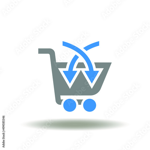 Vector illustration of shopping basket with arrows pointing inward. Icon of up sell or cross sell marketing technology. Symbol of shopping sale.